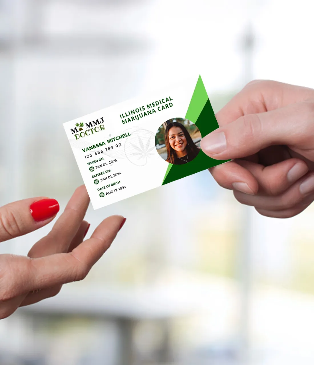 Hand holding Illinois medical cannabis card Hand holding Illinois medical cannabis card