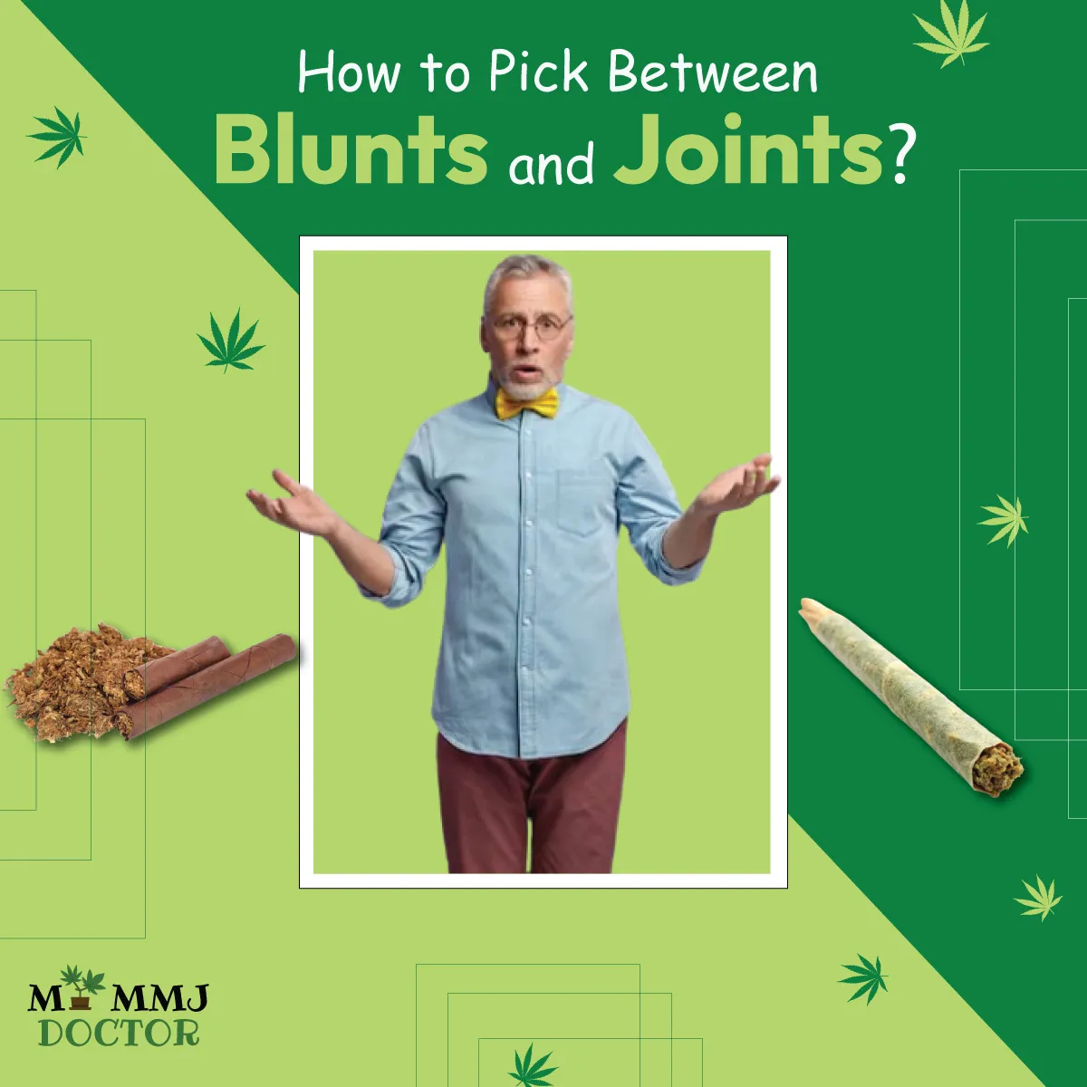 confused man deciding between a blunt or joint – choosing the right smoking option