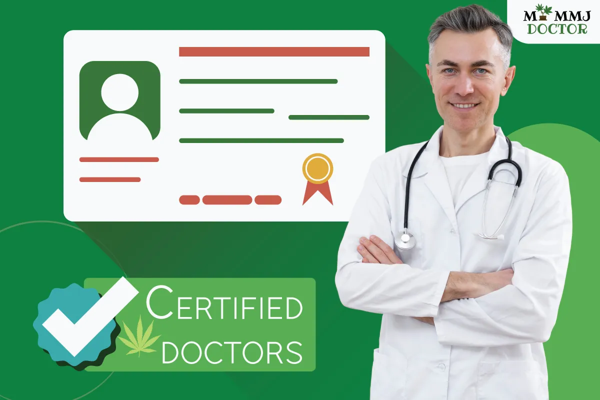 confident medical marijuana doctor consultant folding hands with an image of a license and a big heading that says certified doctors confident medical marijuana doctor consultant folding hands with an image of a license and a big heading that says certified doctors