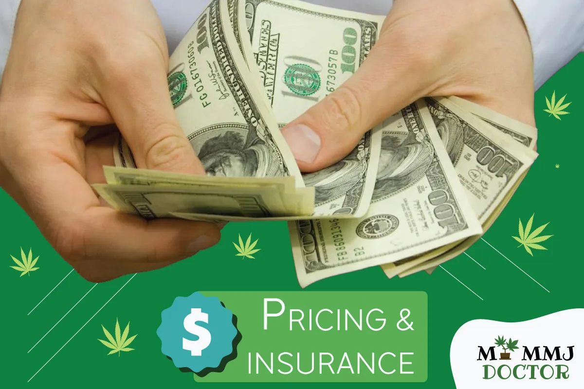 dollar money representing consultation fees for online medical marijuana consultation services with a heading that says pricing and insurance dollar money representing consultation fees for online medical marijuana consultation services with a heading that says pricing and insurance