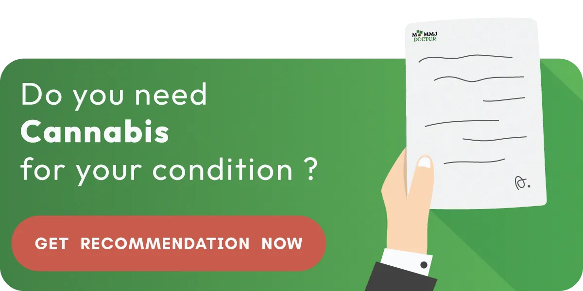 a hand reaching out with a recommendation letter asking 'do you need cannabis for your condition?' with a 'get recommendation online' button