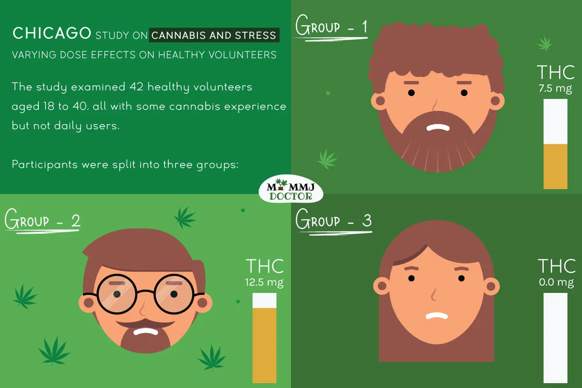 participants divided into 3 groups: group 1 receiving 7.5mg THC, group 2 receiving 12.5mg THC, and group 3 receiving a placebo with 0.0mg THC, undergoing stress assessment participants divided into 3 groups: group 1 receiving 7.5mg THC, group 2 receiving 12.5mg THC, and group 3 receiving a placebo with 0.0mg THC, undergoing stress assessment