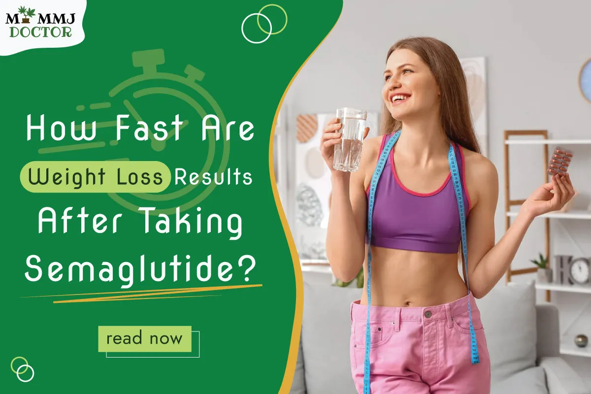 a happy woman losing weight with semaglutide tablets and a glass of water, holding an inch tape around her neck with a heading "how fast are weight loss results after taking semaglutide?" and a "read now" button a happy woman losing weight with semaglutide tablets and a glass of water, holding an inch tape around her neck with a heading "how fast are weight loss results after taking semaglutide?" and a "read now" button