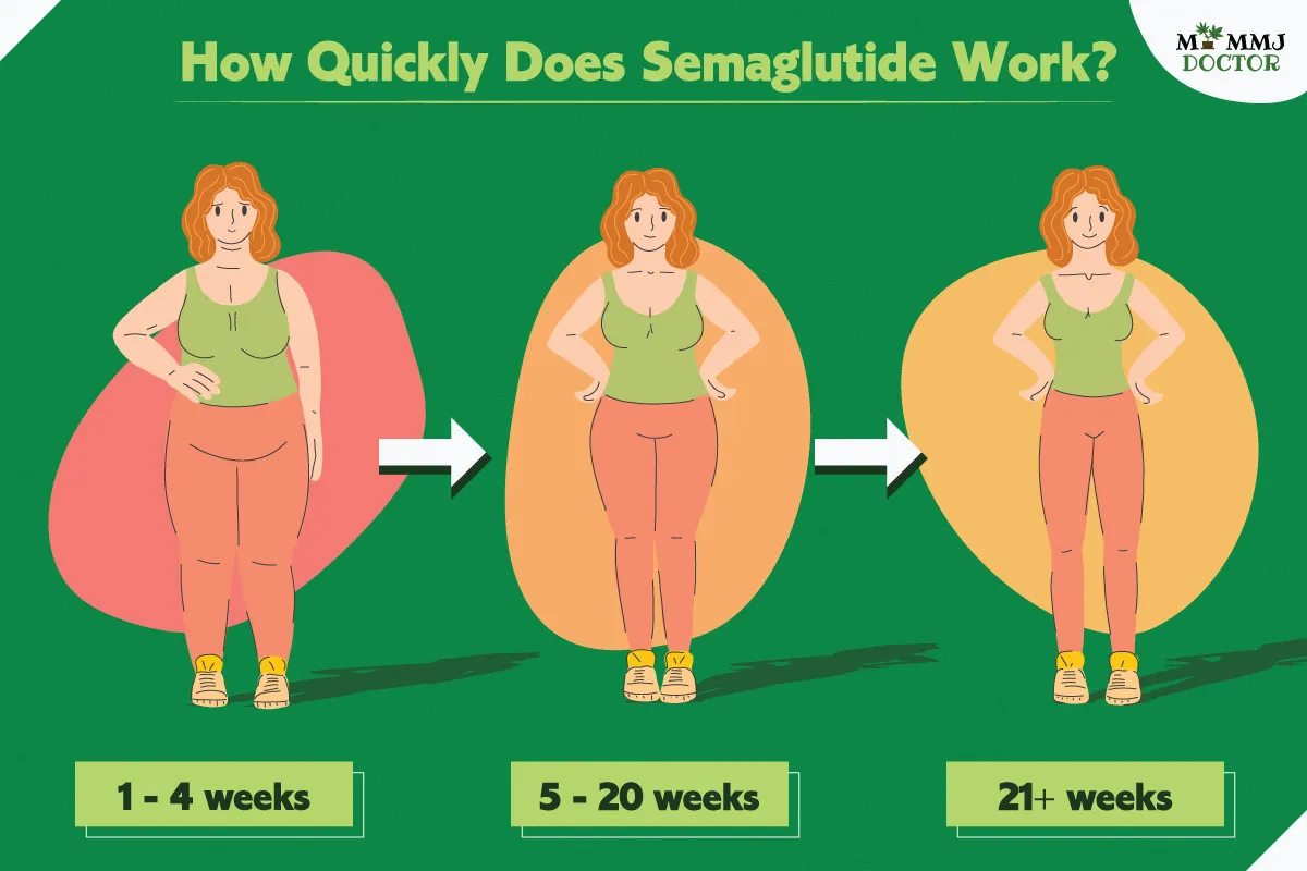 female illustration showing weight loss timeline with semaglutide: 1-4 weeks, 5-20 weeks, and 21+ weeks, with a heading "how quickly does semaglutide work?" detailing expected weight changes over time. female illustration showing weight loss timeline with semaglutide: 1-4 weeks, 5-20 weeks, and 21+ weeks, with a heading "how quickly does semaglutide work?" detailing expected weight changes over time.