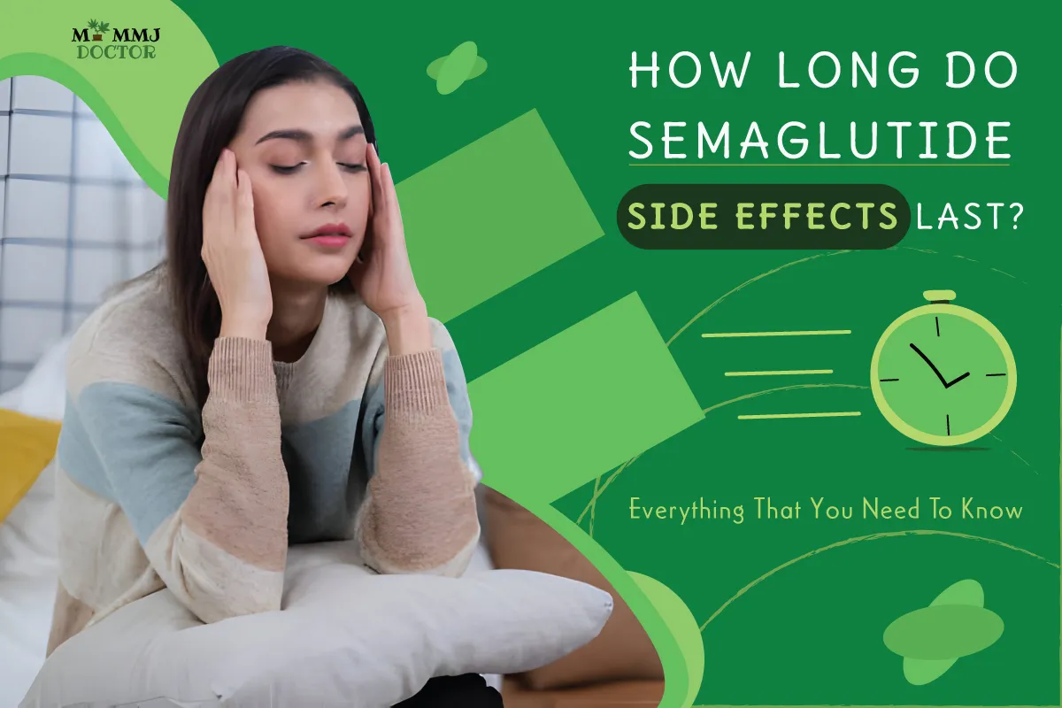 woman sitting on bed experiencing headache and confusion as semaglutide side effects for weight loss with stopwatch illustrating duration of symptoms under heading how long do semaglutide side effects last