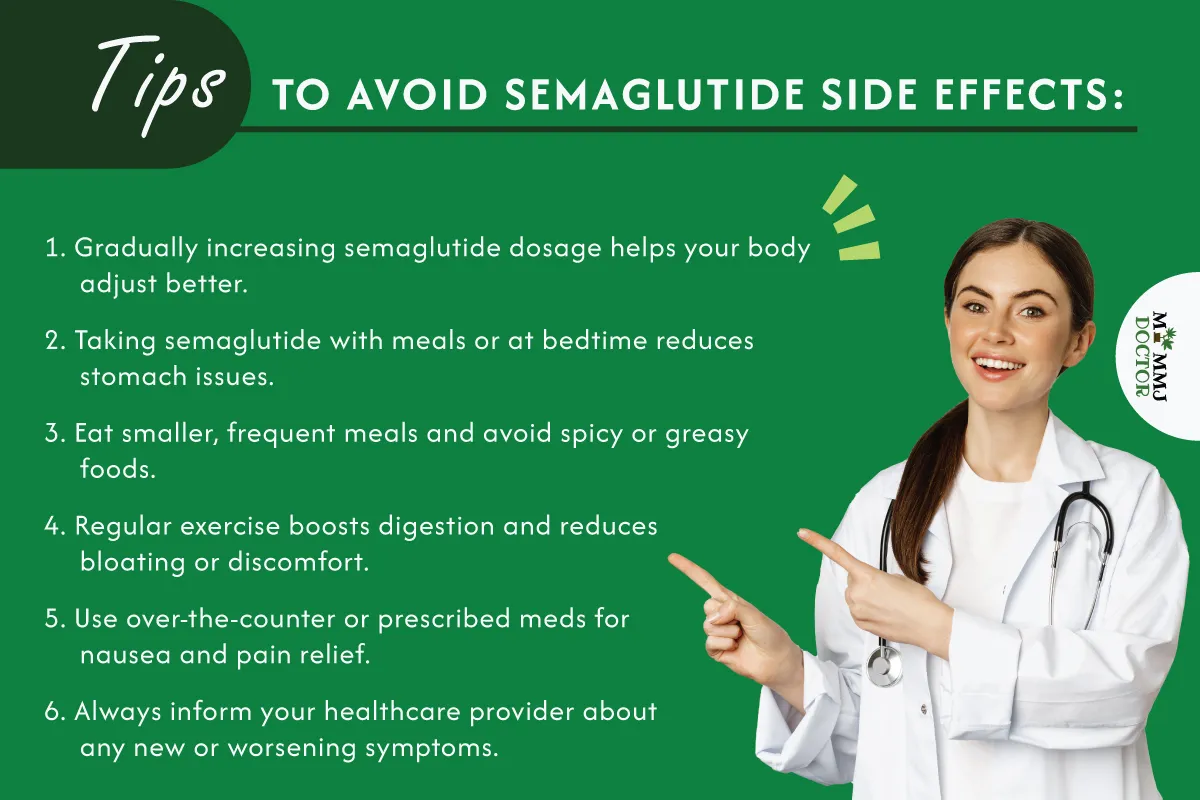 list of tips to avoid and manage semaglutide side effects with a doctor pointing to the tips including adjusting dosage, timing the dose, dietary and lifestyle changes, exercise routine, managing symptoms, and monitoring and communication