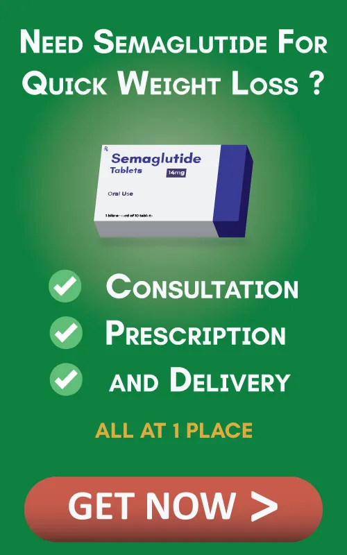 image of semaglutide tablets with text overlay: 'need semaglutide? get consultation, prescription, and delivery all in one place. get it now
