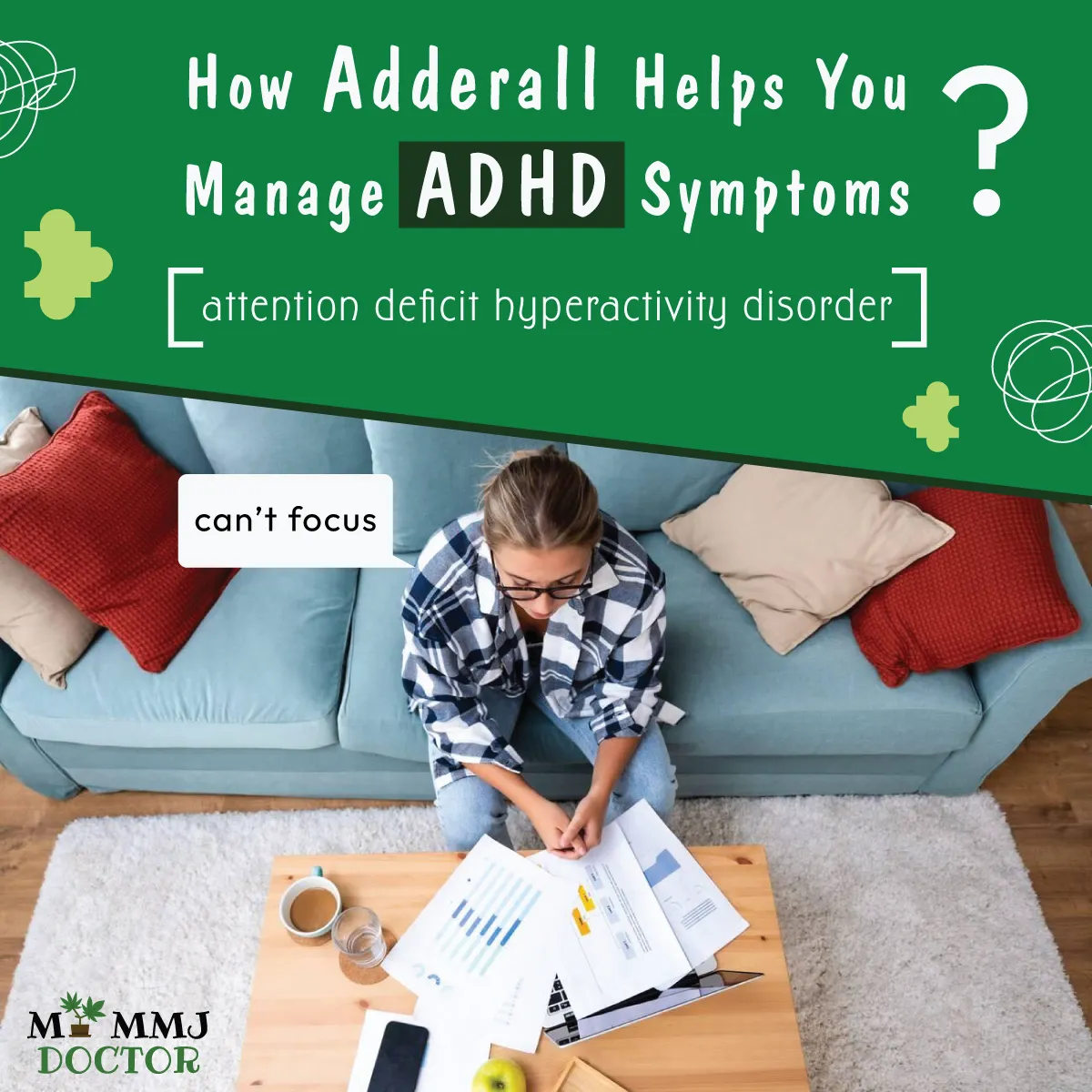 woman sitting in a room, overwhelmed with work, struggling to focus due to adhd. heading: 'how adderall helps you manage adhd symptoms?' woman sitting in a room, overwhelmed with work, struggling to focus due to adhd. heading: 'how adderall helps you manage adhd symptoms?'