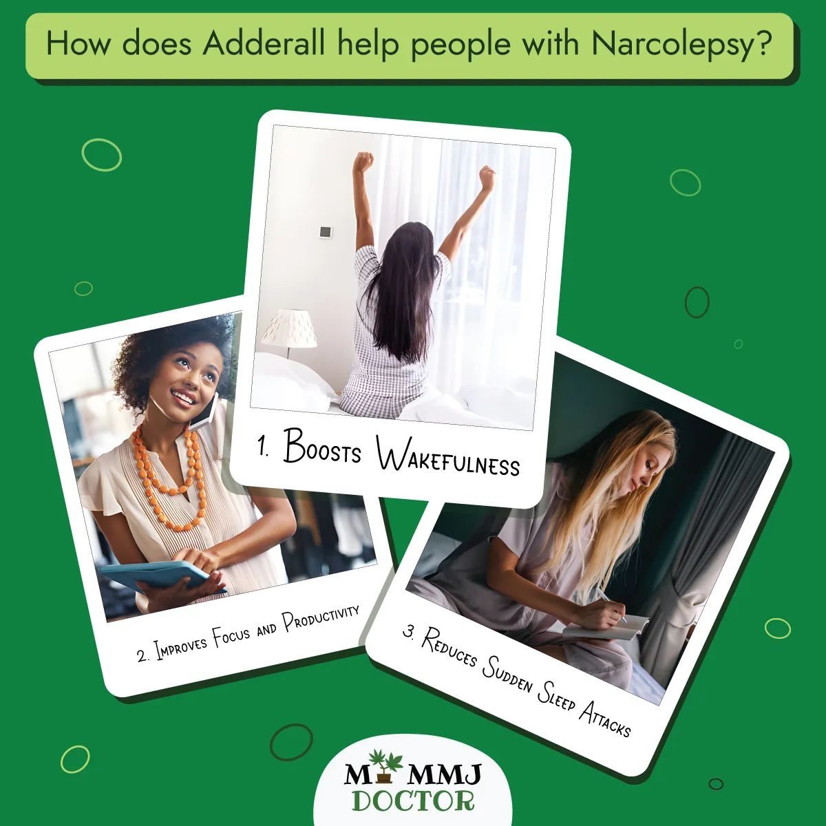 polaroid images showing how adderall helps with narcolepsy by boosting wakefulness, improving focus and productivity, reducing sudden sleep attacks