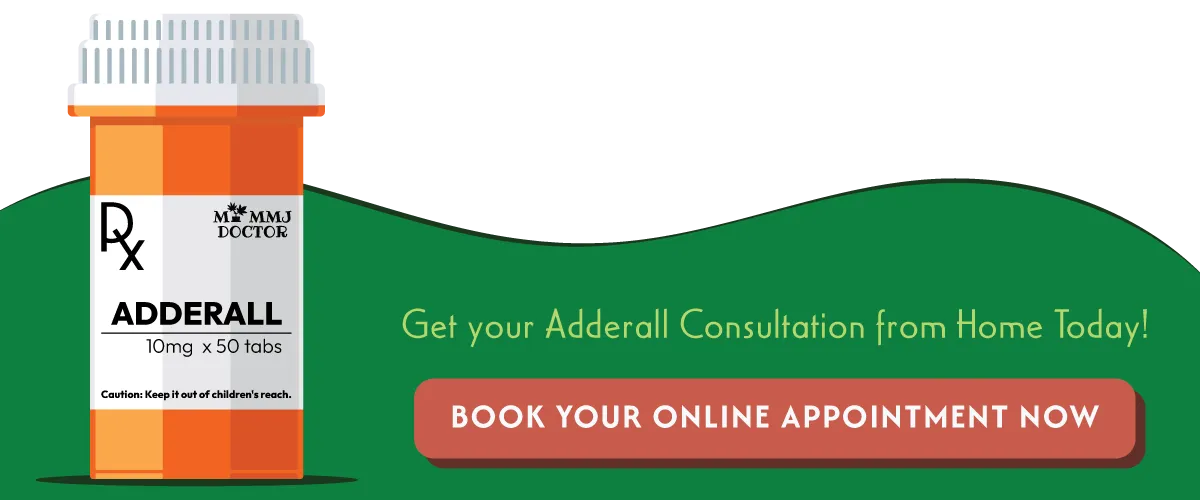 adderall medicine bottle with heading get your consultation from home today and button book your online appointment now