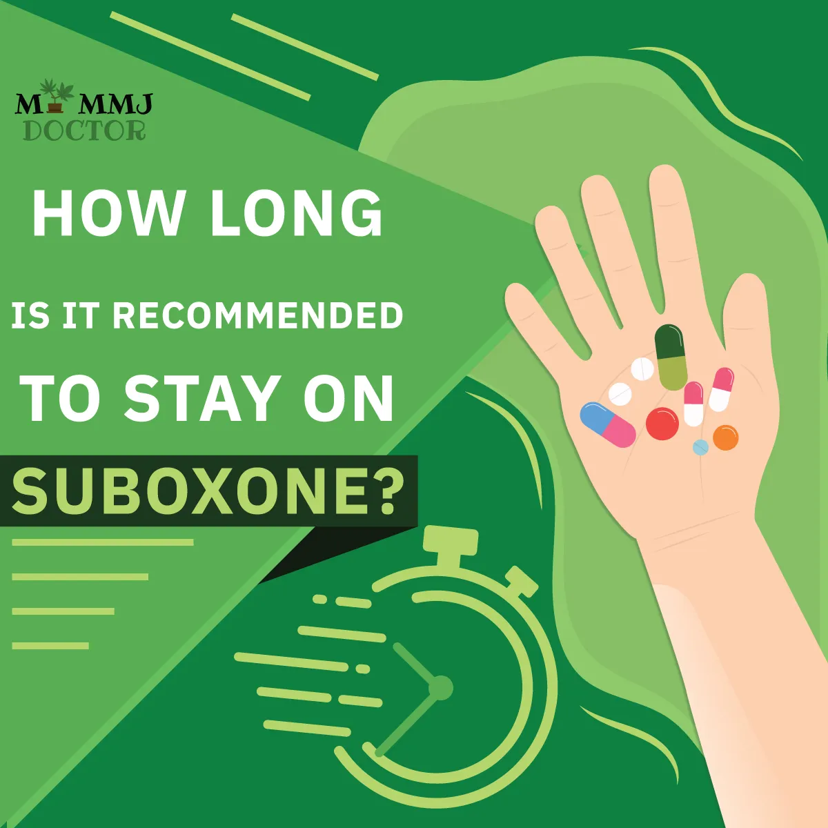 hand holding multiple medicines with capsules and tablets, stopwatch in background, headline 'how long is it recommended to stay on suboxone'
