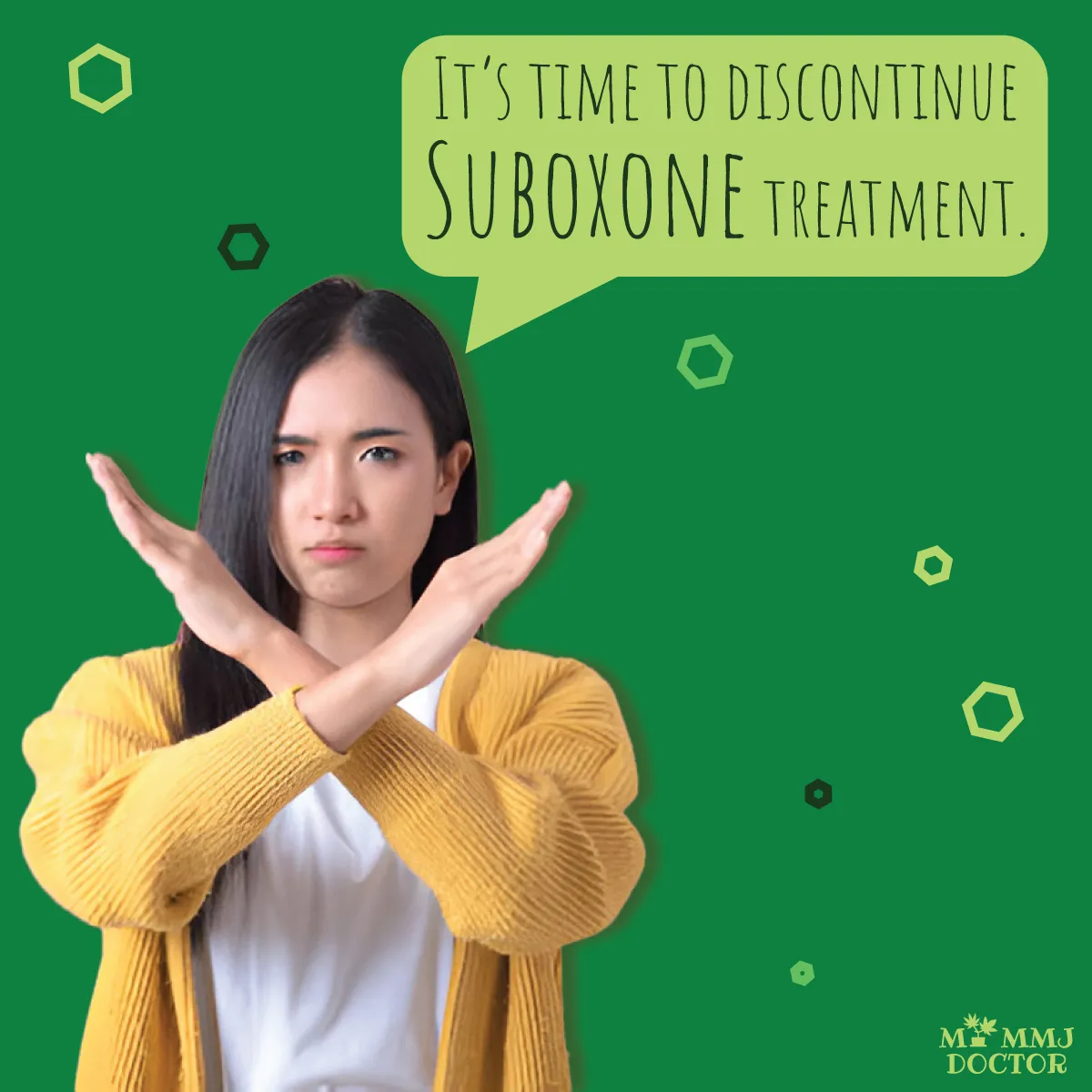 woman with crossed arms and message balloon saying 'it's time to discontinue suboxone treatment,' indicating signs to stop suboxone use safely