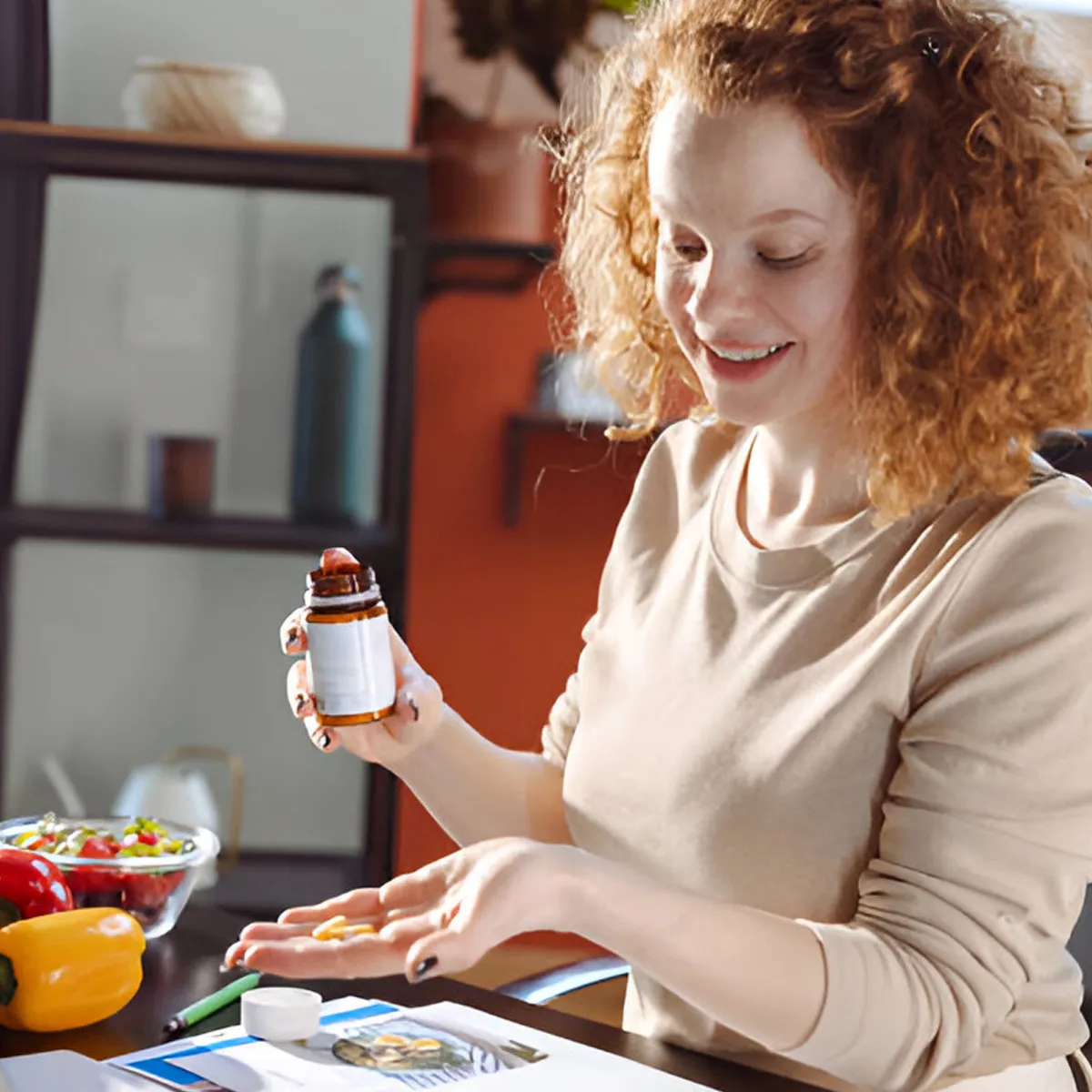 woman taking adderall from medicine bottle, feeling confident with knowledge about its effects