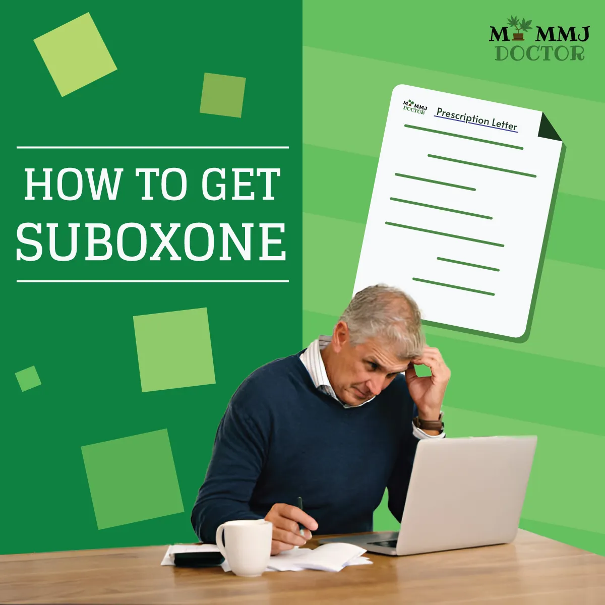 old man confused while seeking suboxone prescription online with laptop and prescription letter illustration