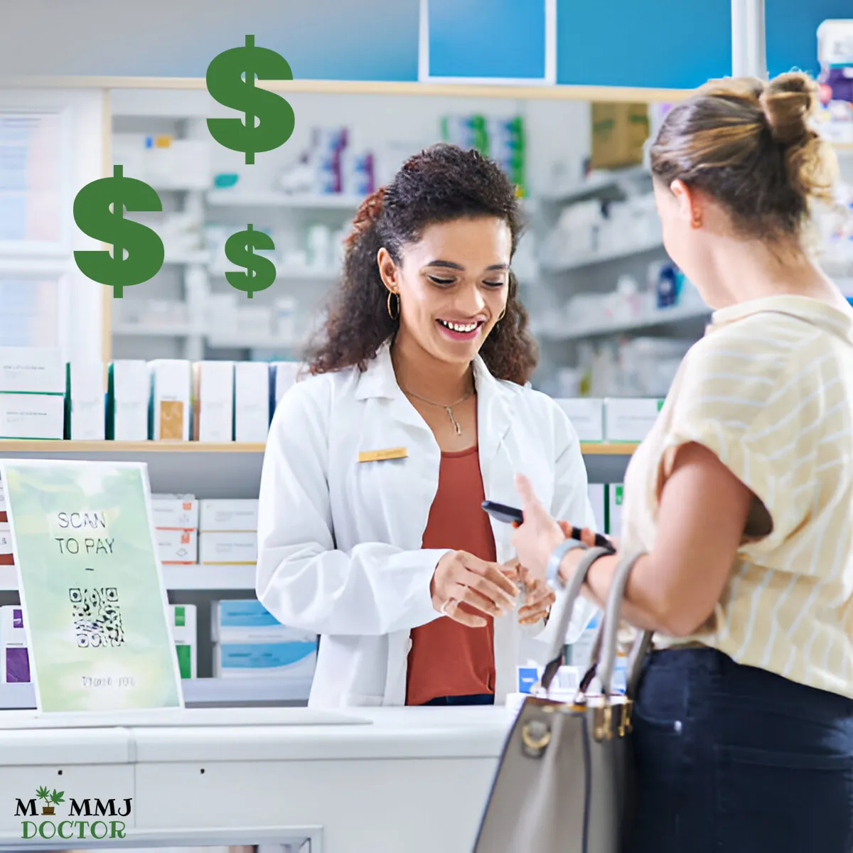 female patient purchasing suboxone from female pharmacist at medical dispensary