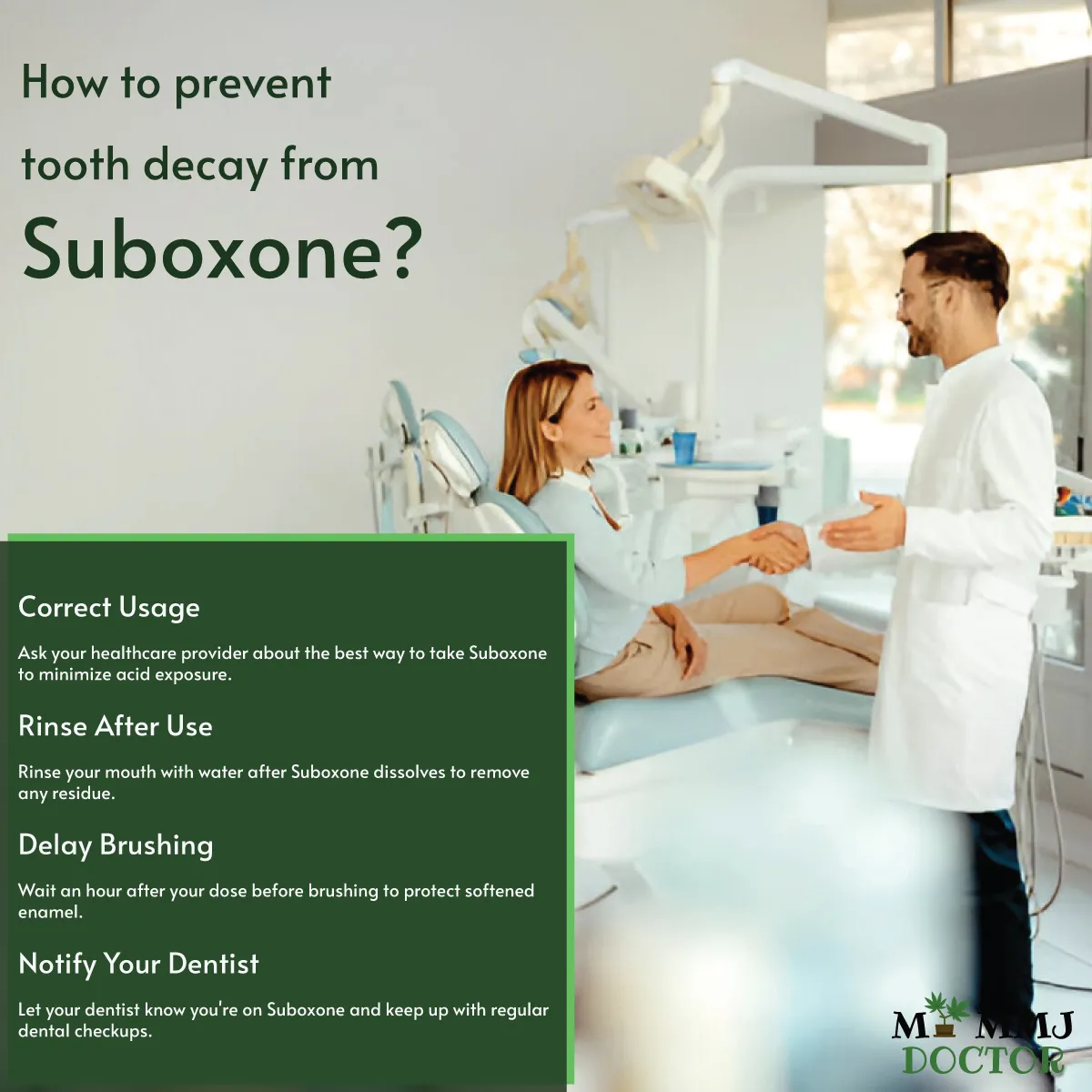dentist advising on preventing tooth decay from suboxone with tips including using correct technique, rinsing mouth after dose, waiting to brush, and informing dentist