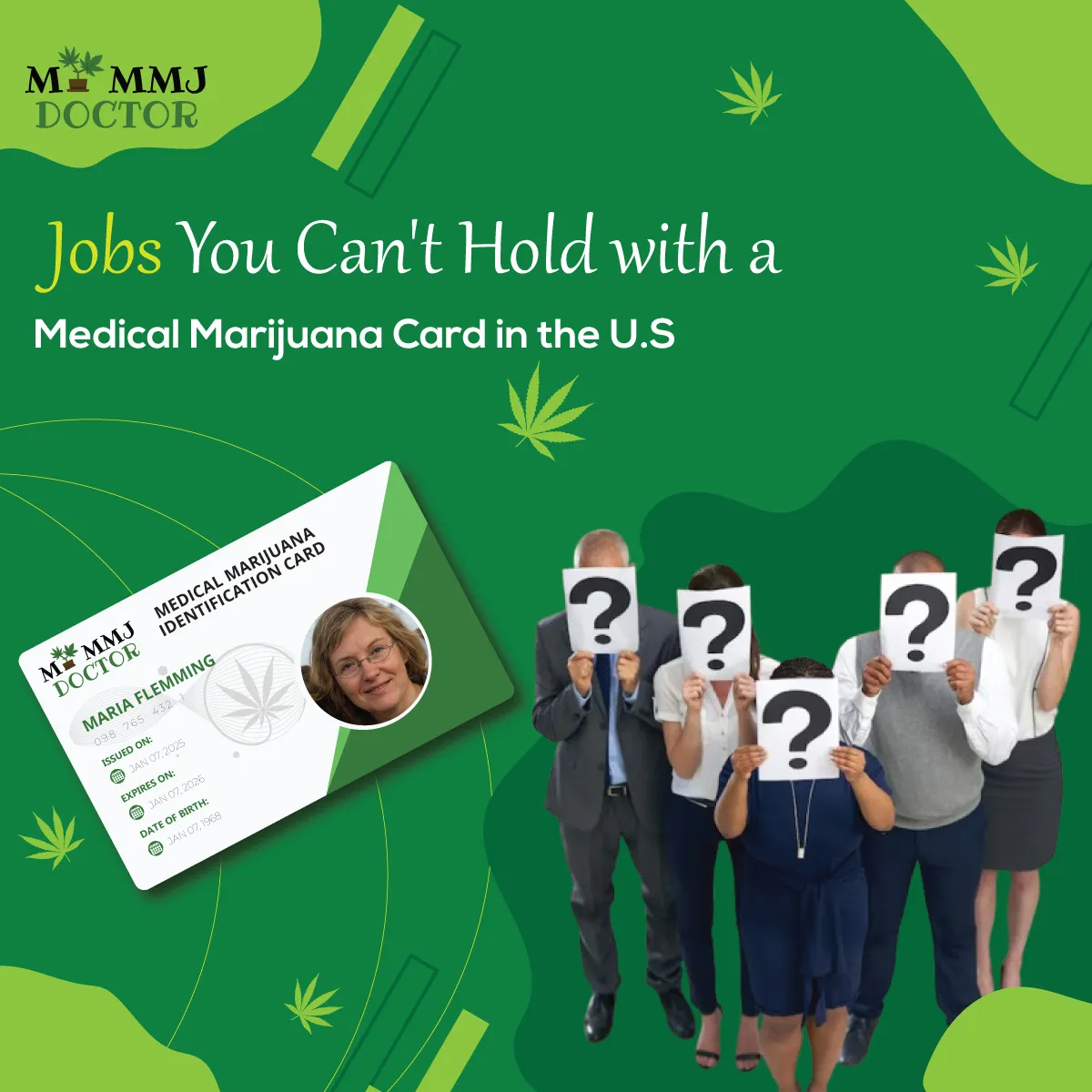 professionals restricted by medical marijuana card with mmj card in background and ? marks on them professionals restricted by medical marijuana card with mmj card in background and ? marks on them