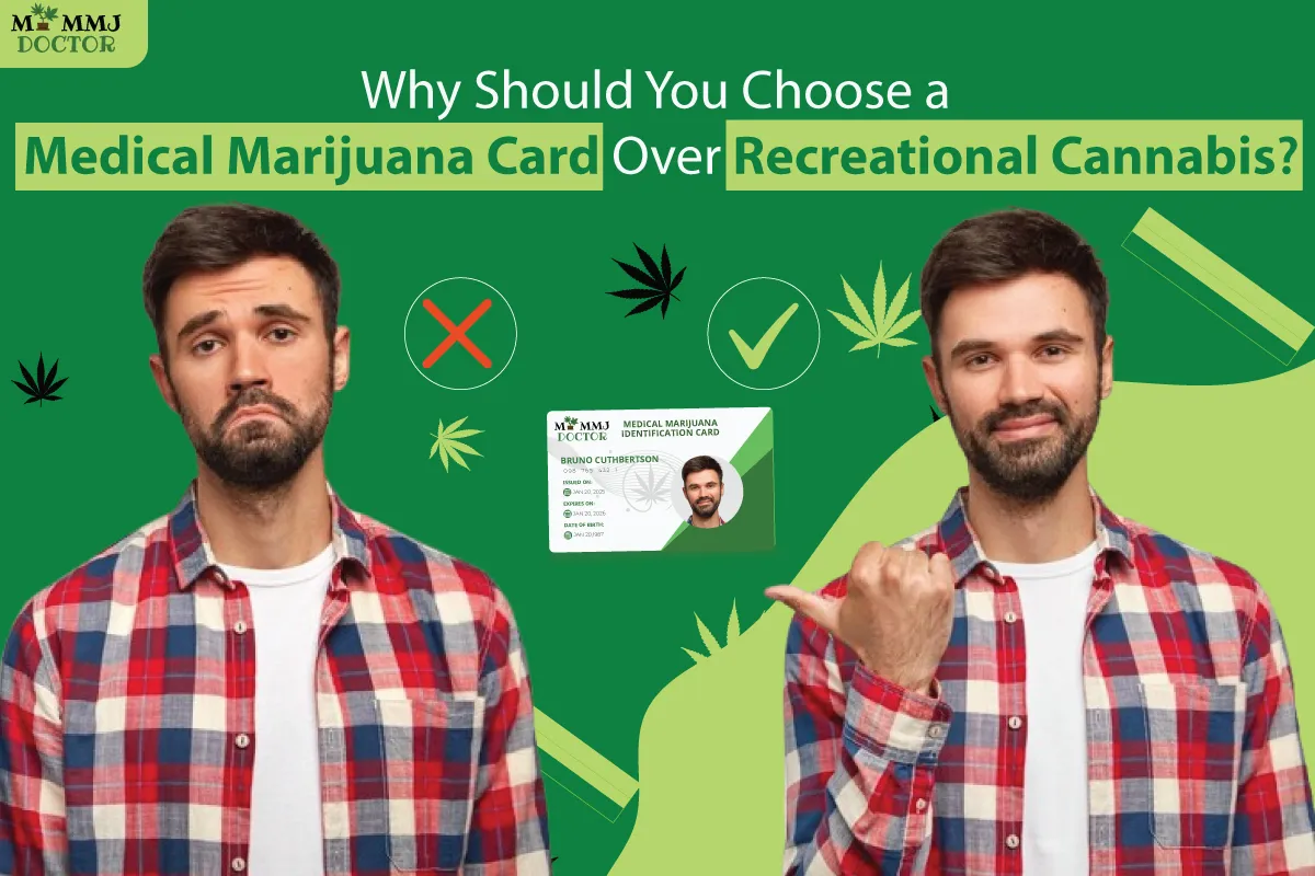 man happy using marijuana with mmj card, comparing with recreational cannabis use man happy using marijuana with mmj card, comparing with recreational cannabis use