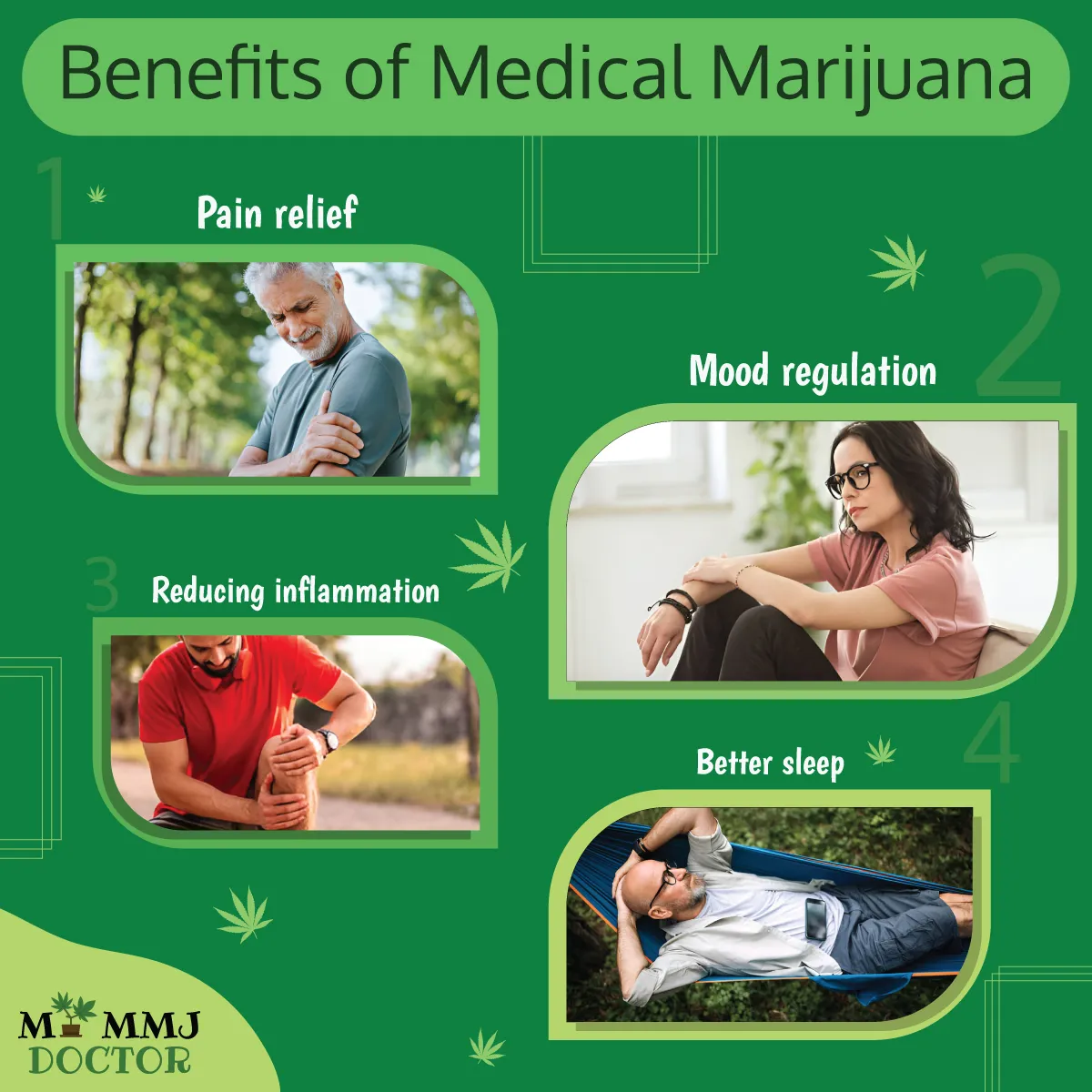 infographic showing benefits of medical marijuana for pain, mood, inflammation, and sleep infographic showing benefits of medical marijuana for pain, mood, inflammation, and sleep