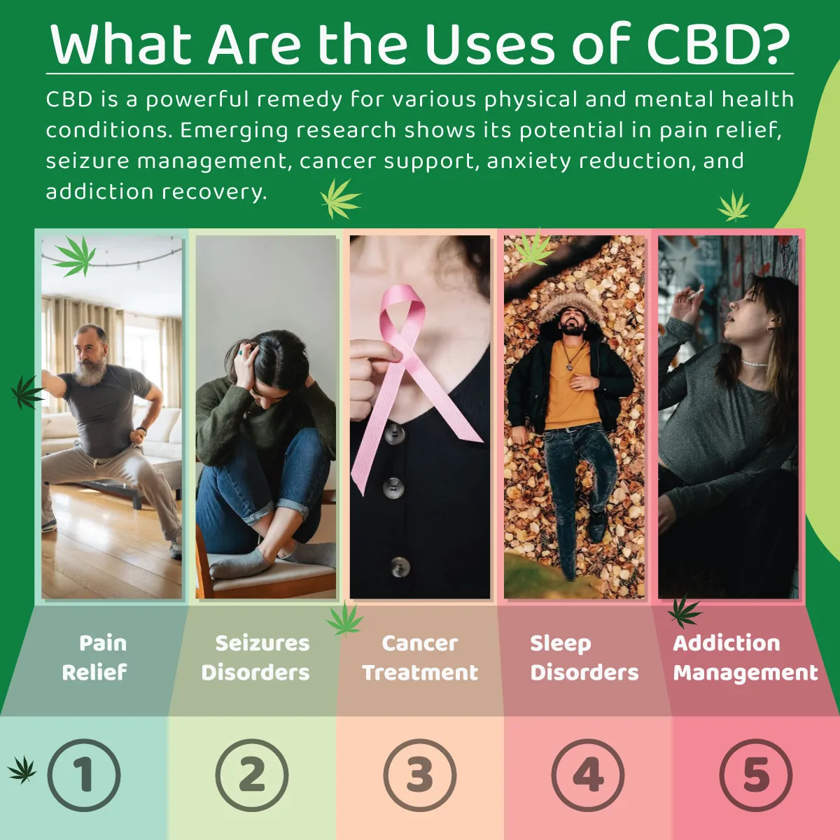 infographic of cbd uses including pain relief, seizures, cancer, sleep, and addiction infographic of cbd uses including pain relief, seizures, cancer, sleep, and addiction