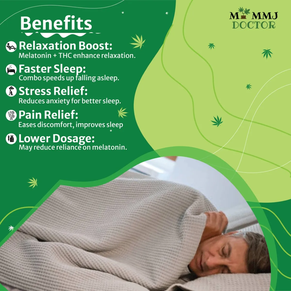 man sleeping peacefully with benefits of taking melatonin and cannabis listed in bullet points man sleeping peacefully with benefits of taking melatonin and cannabis listed in bullet points