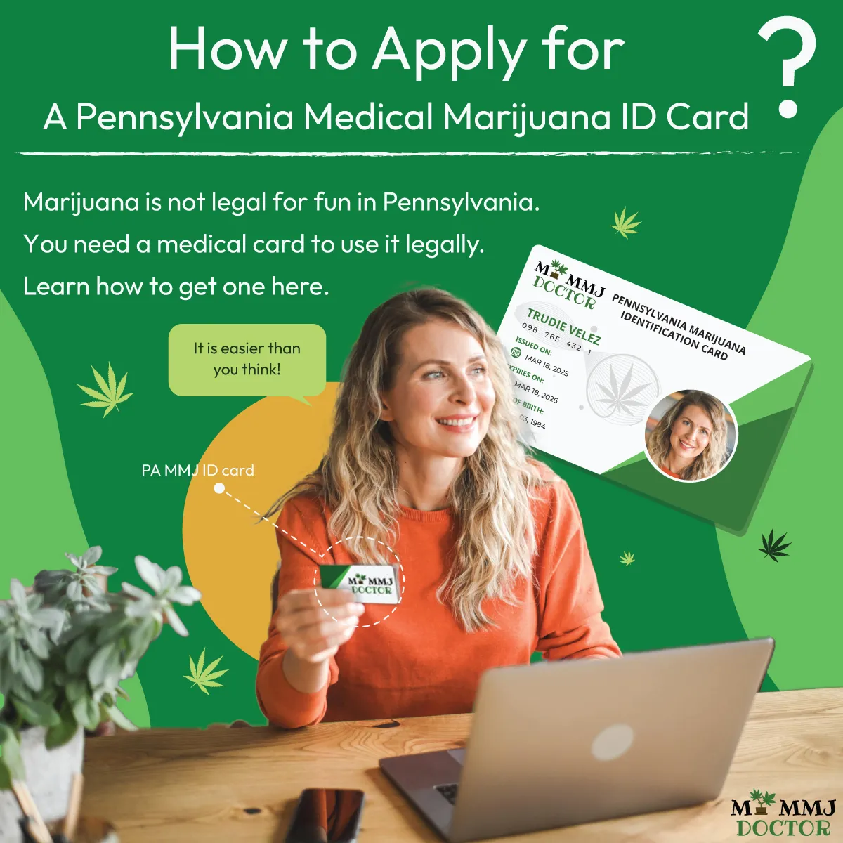 apply for pa medical marijuana id card online - woman with mmj card and laptop apply for pa medical marijuana id card online - woman with mmj card and laptop