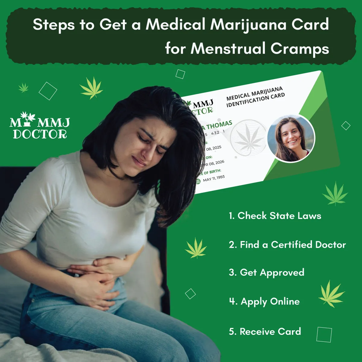 woman with mmj card for menstrual cramps with steps to apply for medical marijuana