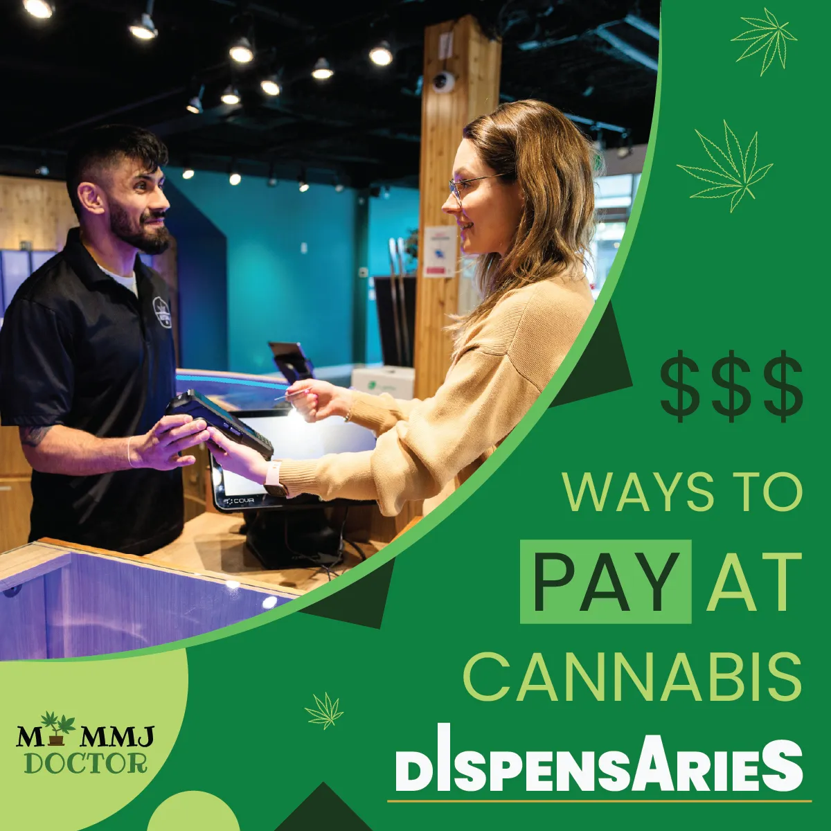 woman paying with debit card at licensed medical marijuana dispensary