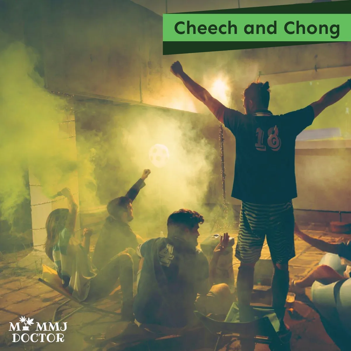 cheech and chong movie scene with triggered word on tv, group ready to take a hit