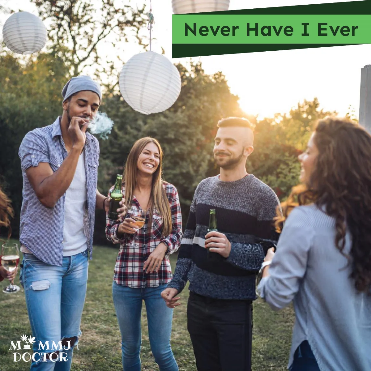 group of high adults playing never have i ever at party, laughing and passing joint