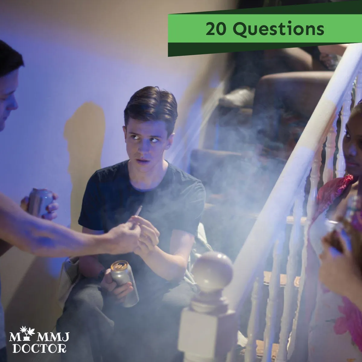 high adults playing 20 questions while smoking weed, sitting in a relaxed circle