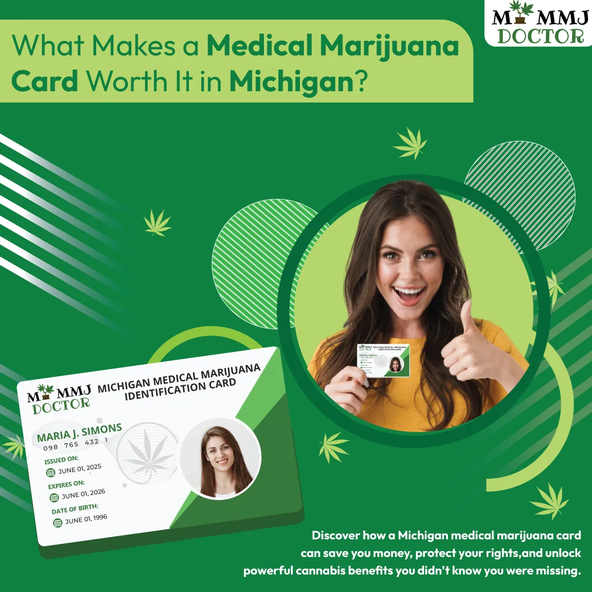 woman holding michigan mmj card showing benefits of having a medical marijuana card woman holding michigan mmj card showing benefits of having a medical marijuana card