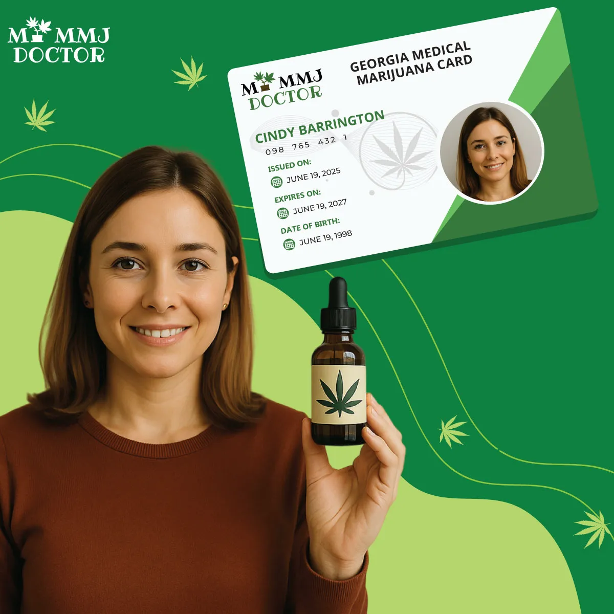 woman holding thc oil vial with georgia mmj card in background indicating patient approval