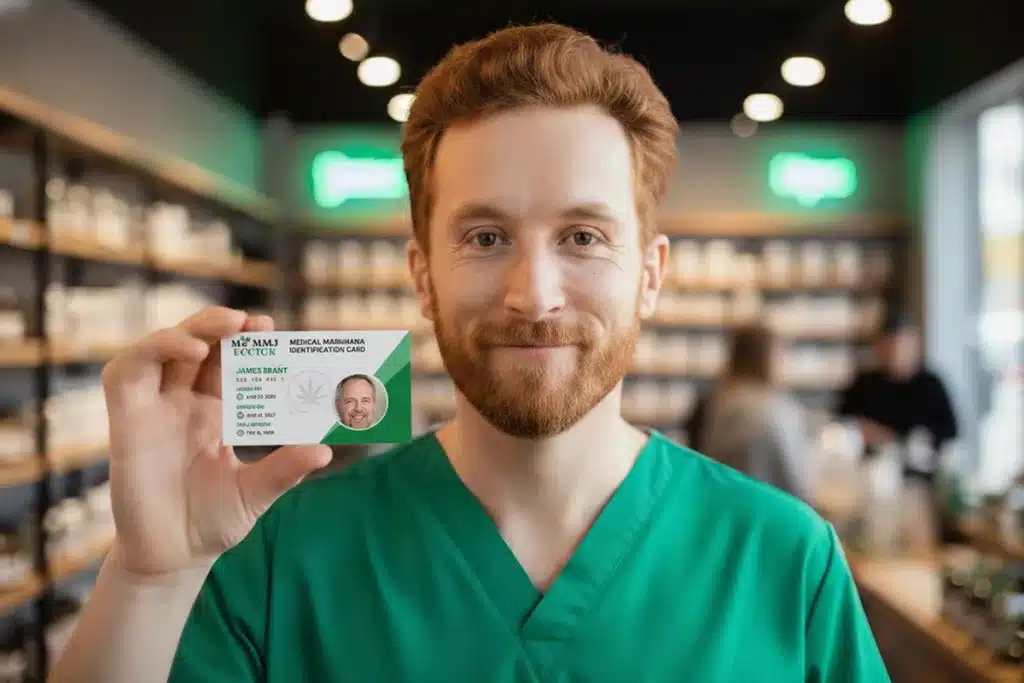 doctor holding medical cannabis card in dispensary doctor holding medical cannabis card in dispensary