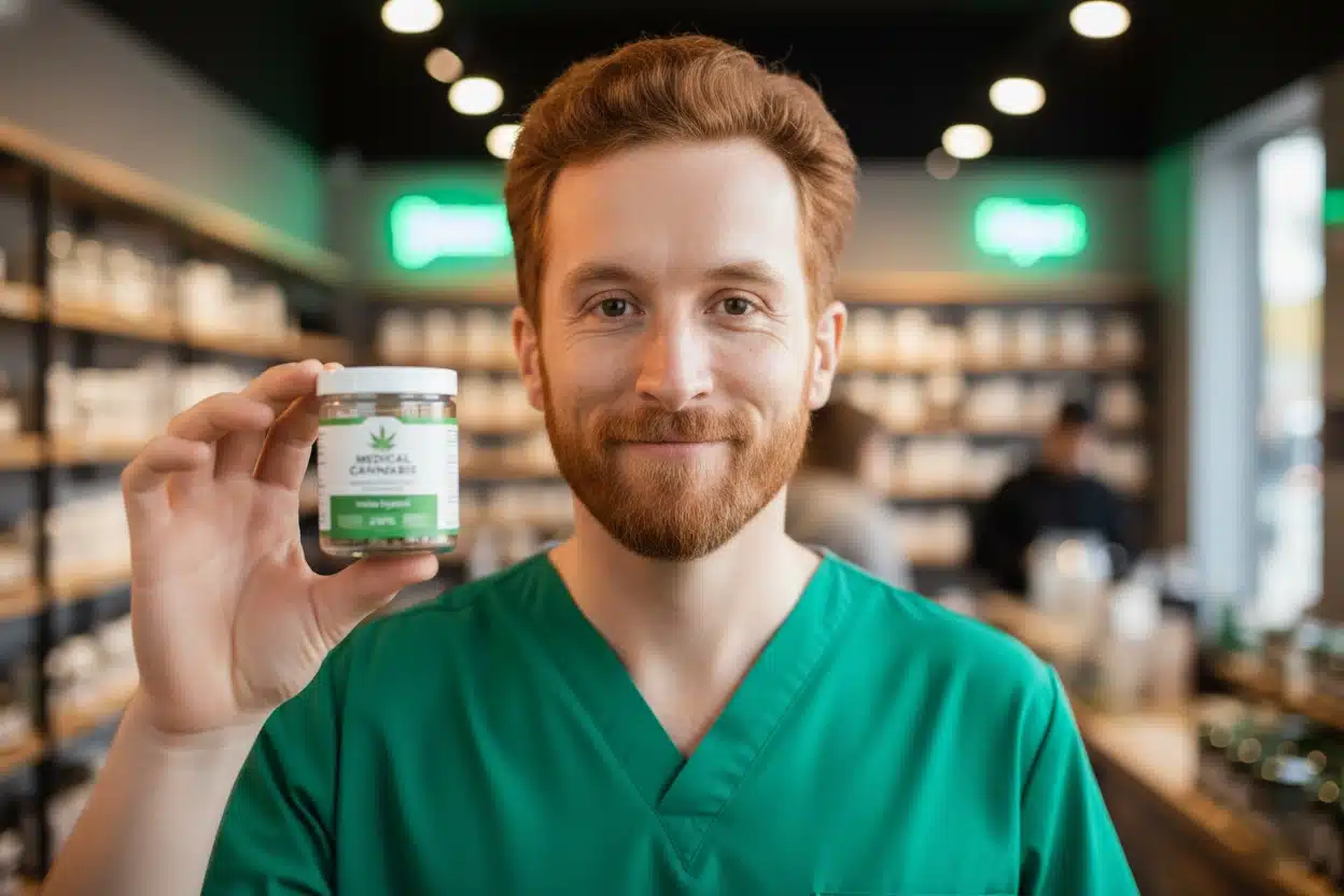 doctor holding medical cannabis product in dispensary for patient care