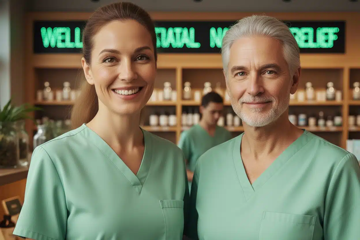 happy doctors standing in cannabis healthcare clinic