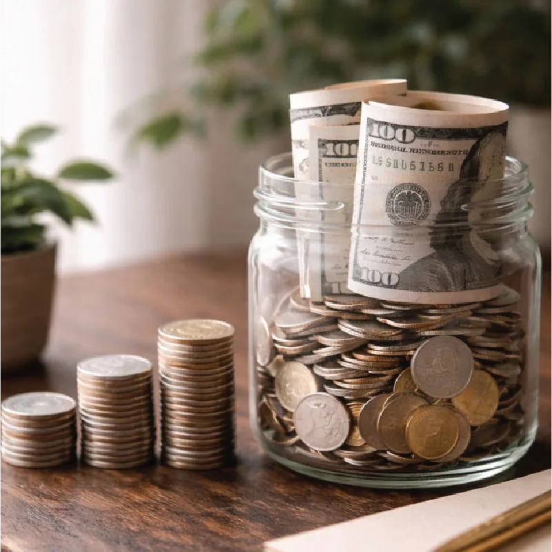 jar filled with cash and coins representing medical and recreational marijuana costs